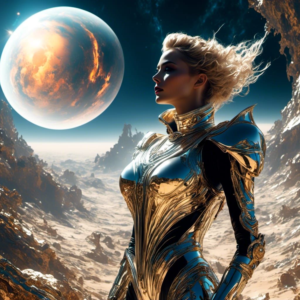 Smiling Woman on Alien World with Moons