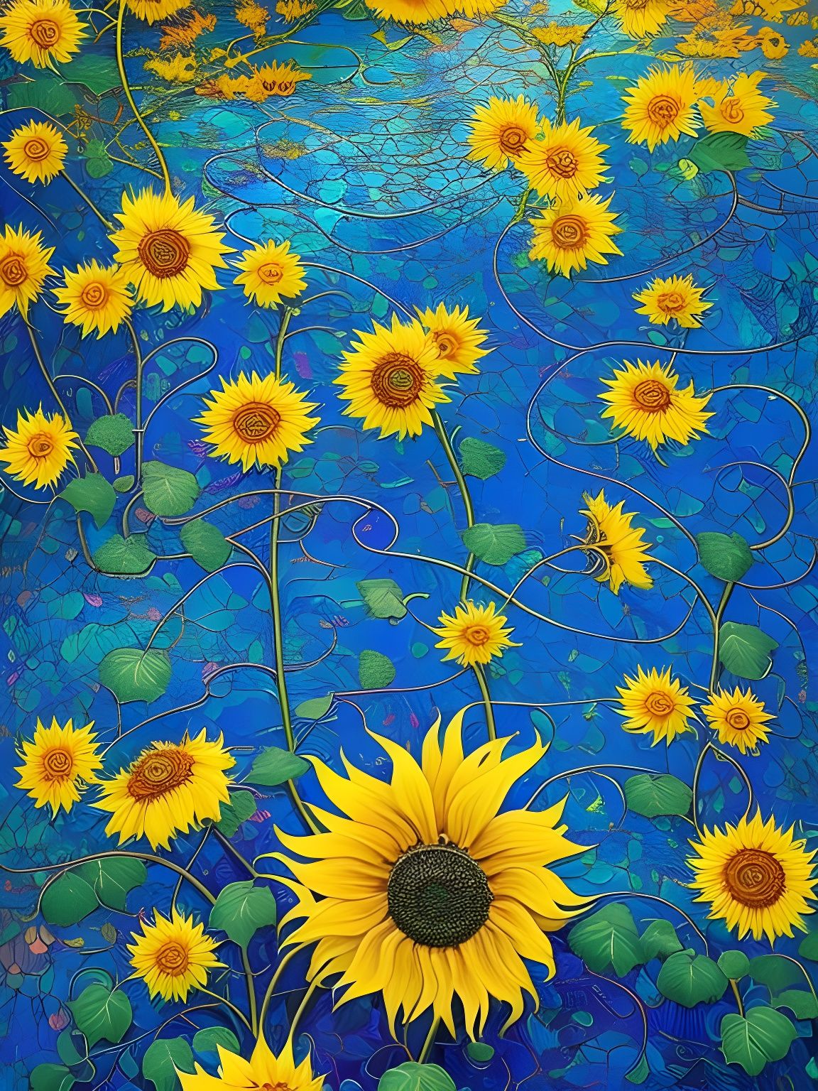 Liquid Sunflowers in Stained Glass Style