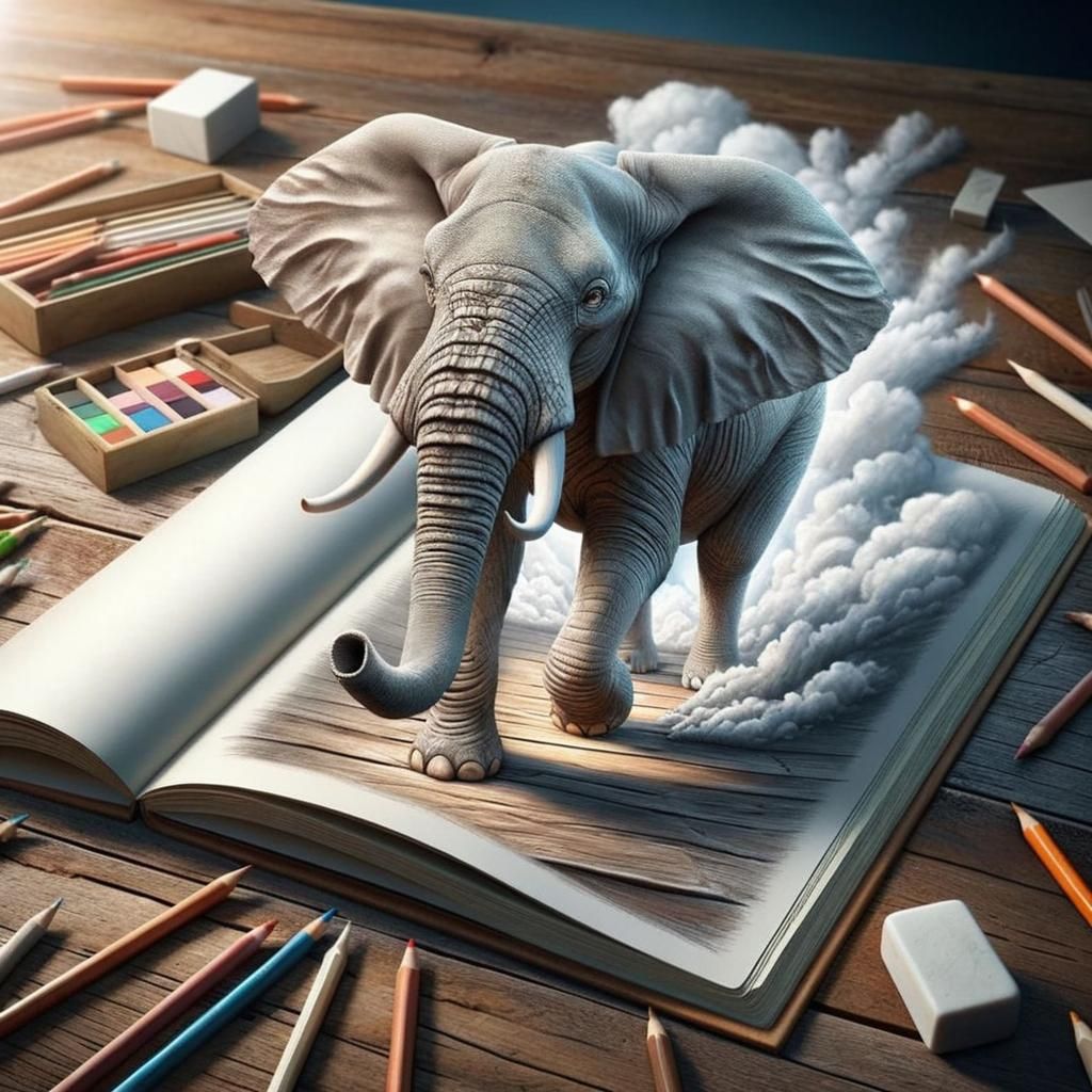 Hyperrealistic Elephant Emerges from Sketchbook