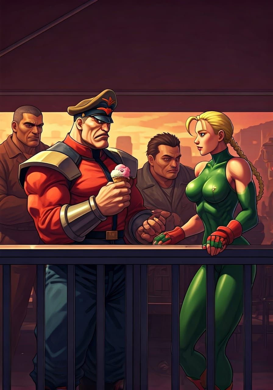 Mr. Bison and Cammy at a Cafe