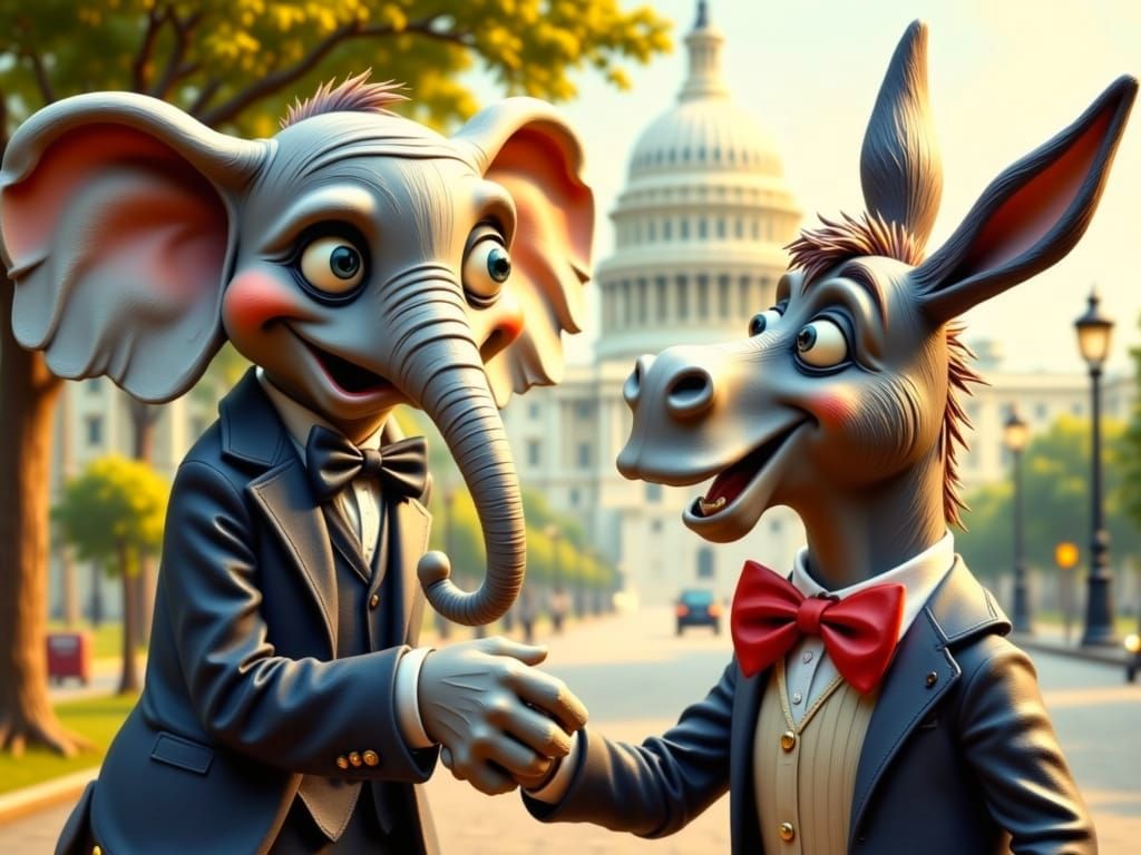 Elephant and Donkey Shake Hands at U.S. Capitol in Claymatio...