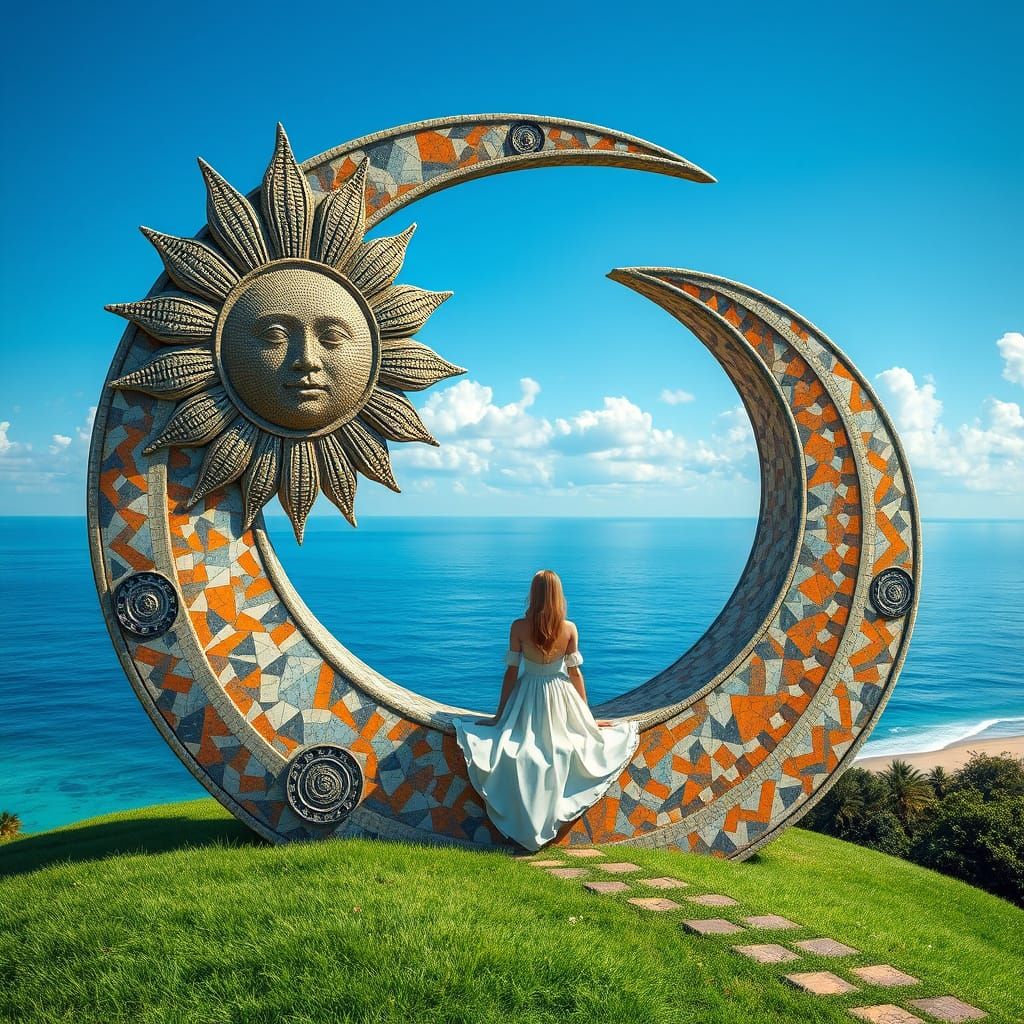 Greek Mosaic Sun and Moon Sculpture on a Serene Beach
