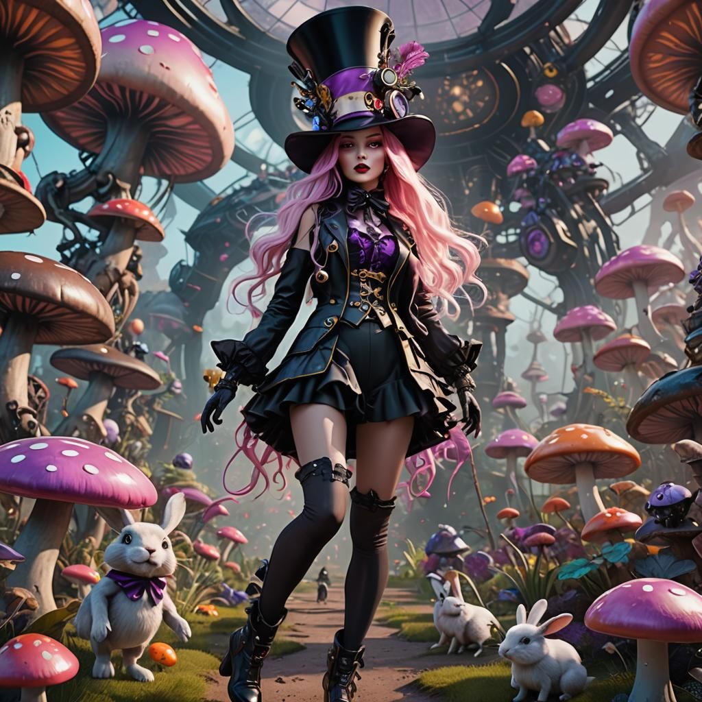 Mad Hatter Lady Chasing Rabbit: Sci-Fi Digital Art