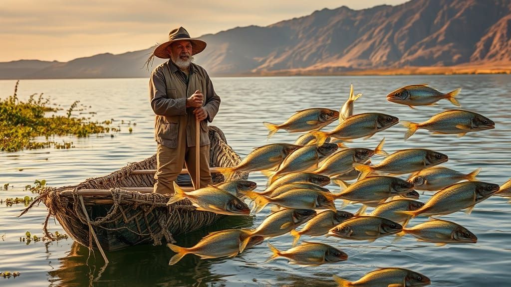 Andean Fisherman Meets Iridescent Fish on Lake Titicaca