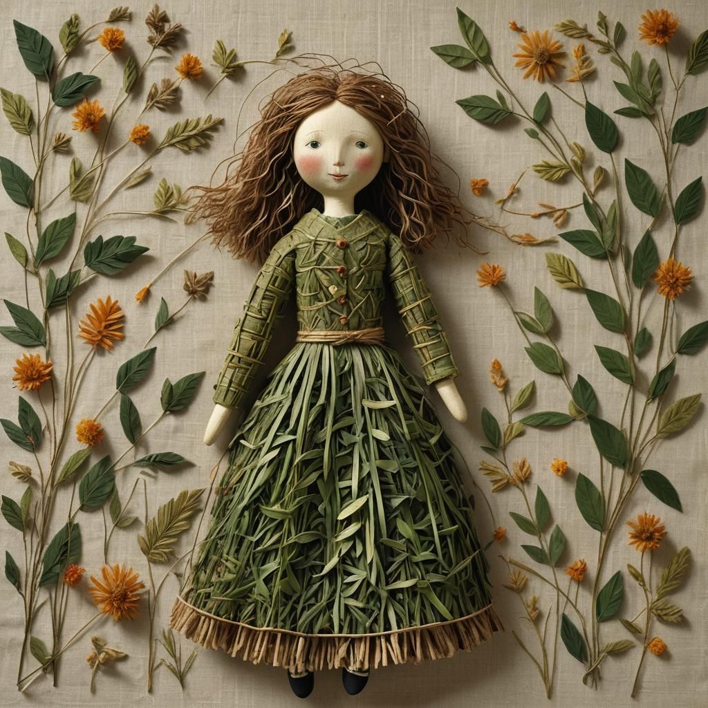 Elegant Grass-Woven Doll on Linen Bedspread
