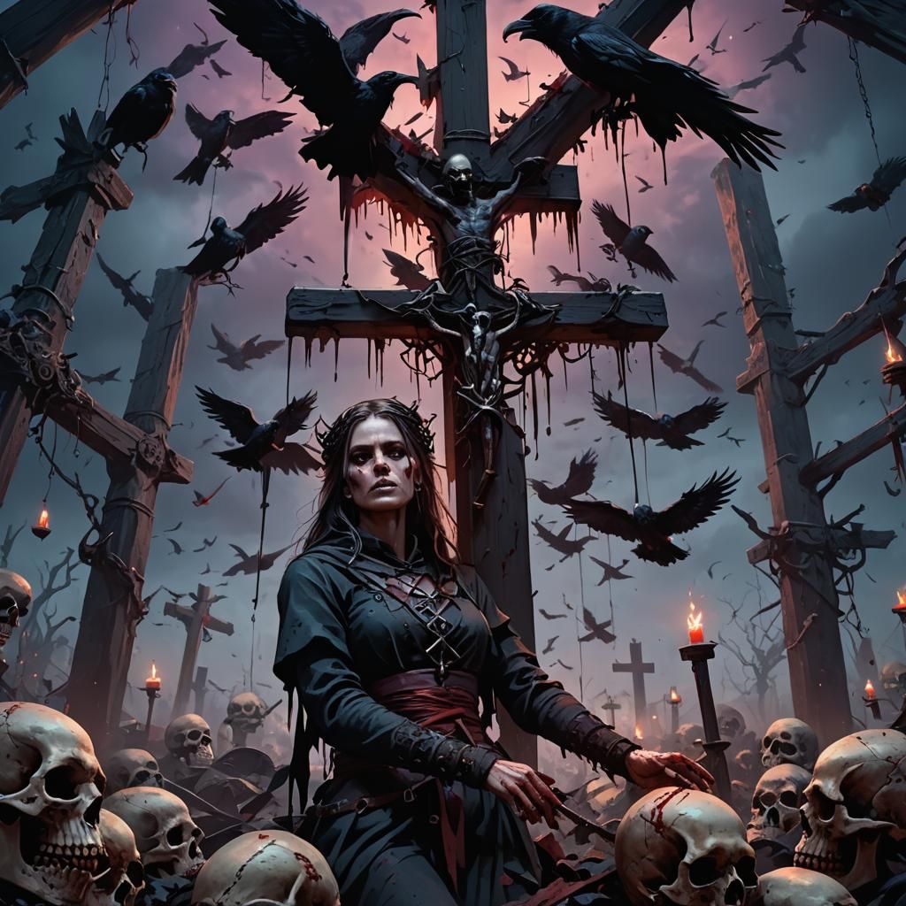 Dark Fantasy: Woman on Inverted Cross in Grim Landscape