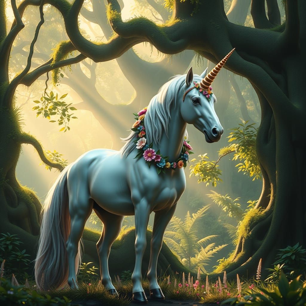 Majestic Unicorn in Mythical Forest, Photorealistic Art