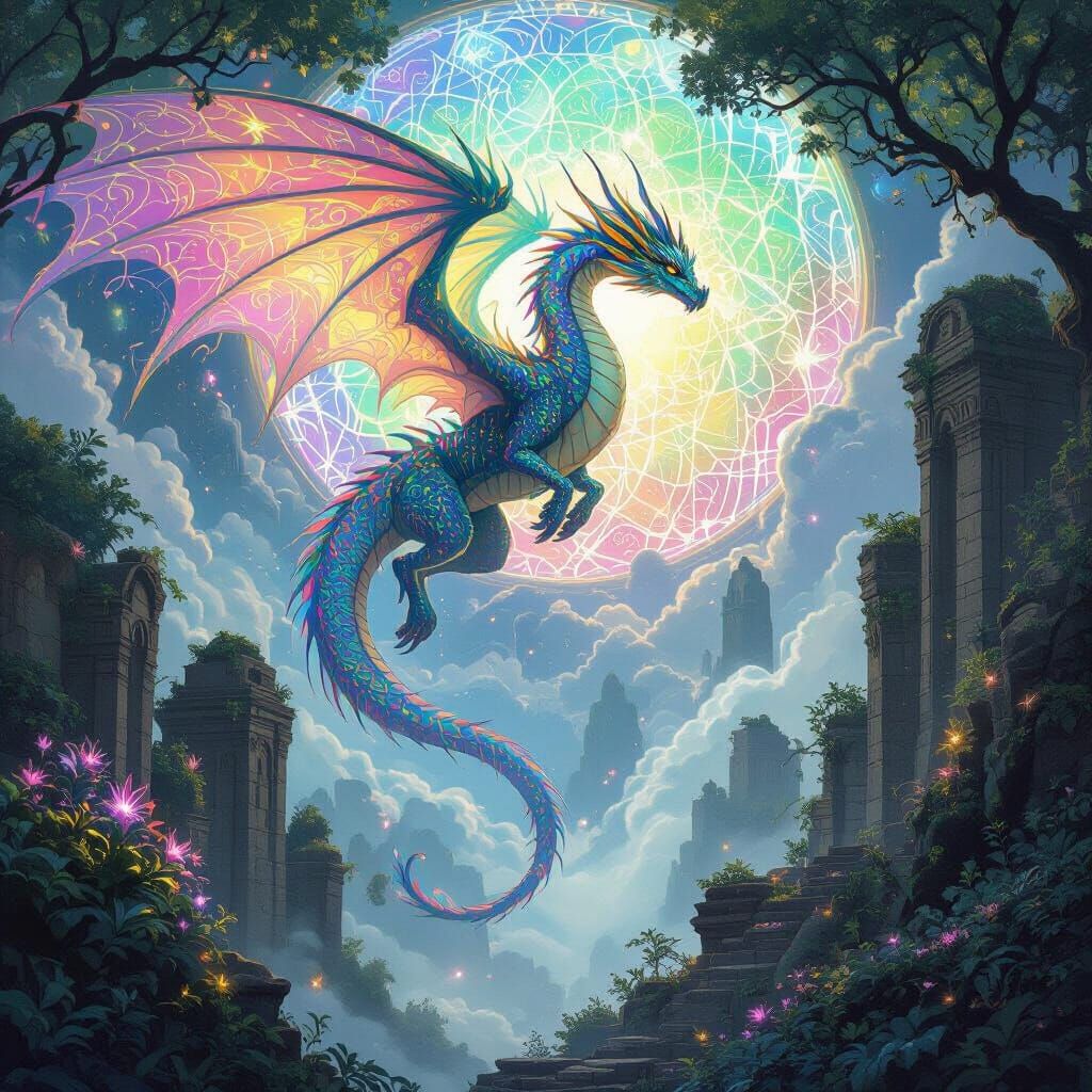 Dragon Soaring Through Bioluminescent Kaleidoscope in Art No...