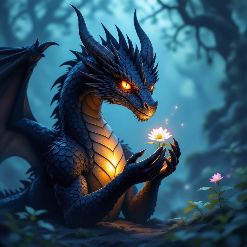Black Dragon Protects Blooming Flower in Ethereal Forest