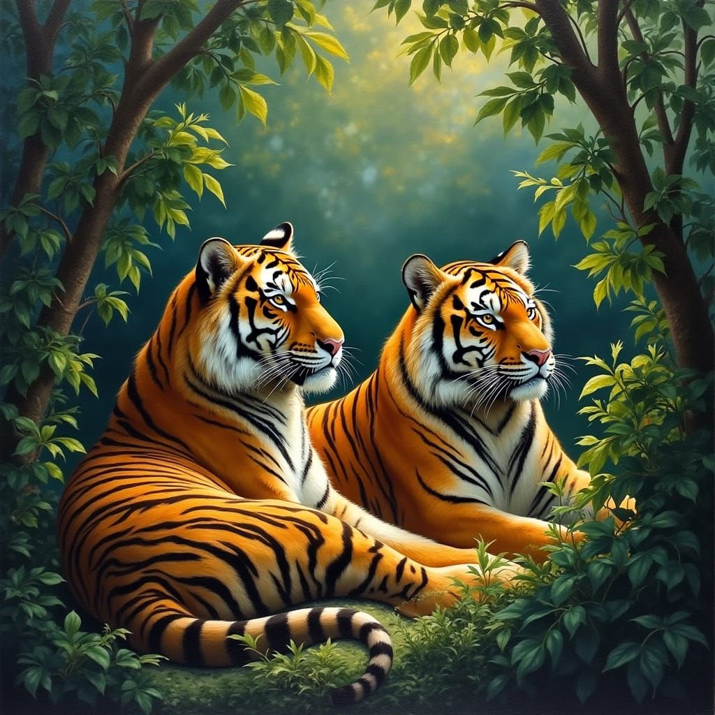 Tigers Resting in Jungle, Oil Painting Style