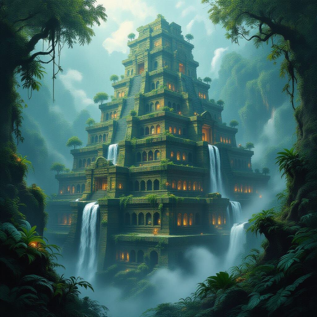 Lost Jungle Ziggurat City with Waterfalls