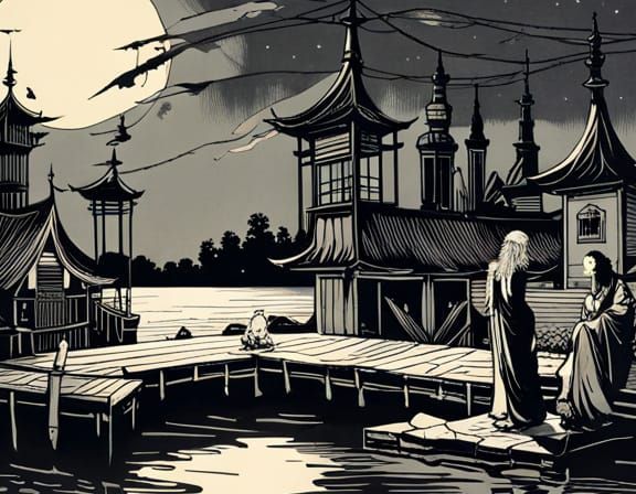 Moonlit Fishing at Pagoda: Gothic Surrealist Art
