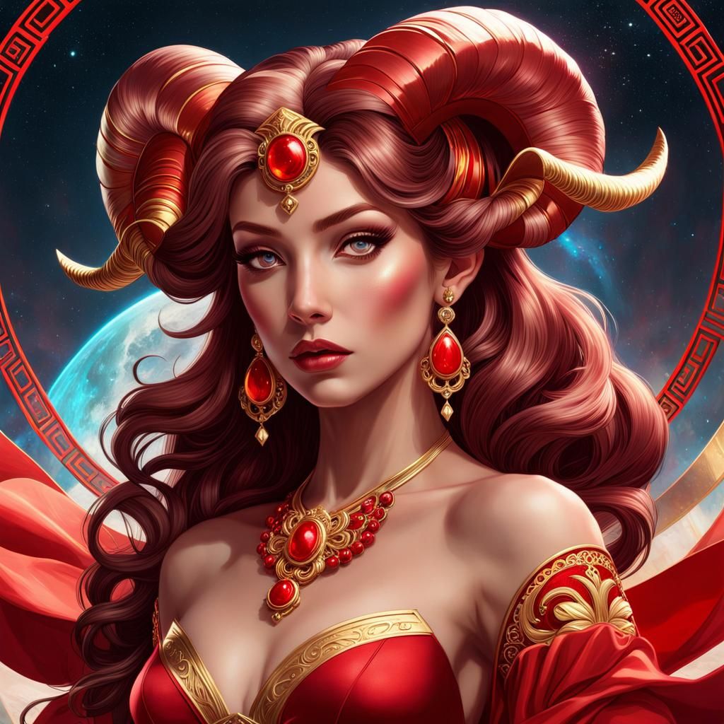 Aries Goddess Portrait in Art Nouveau Style