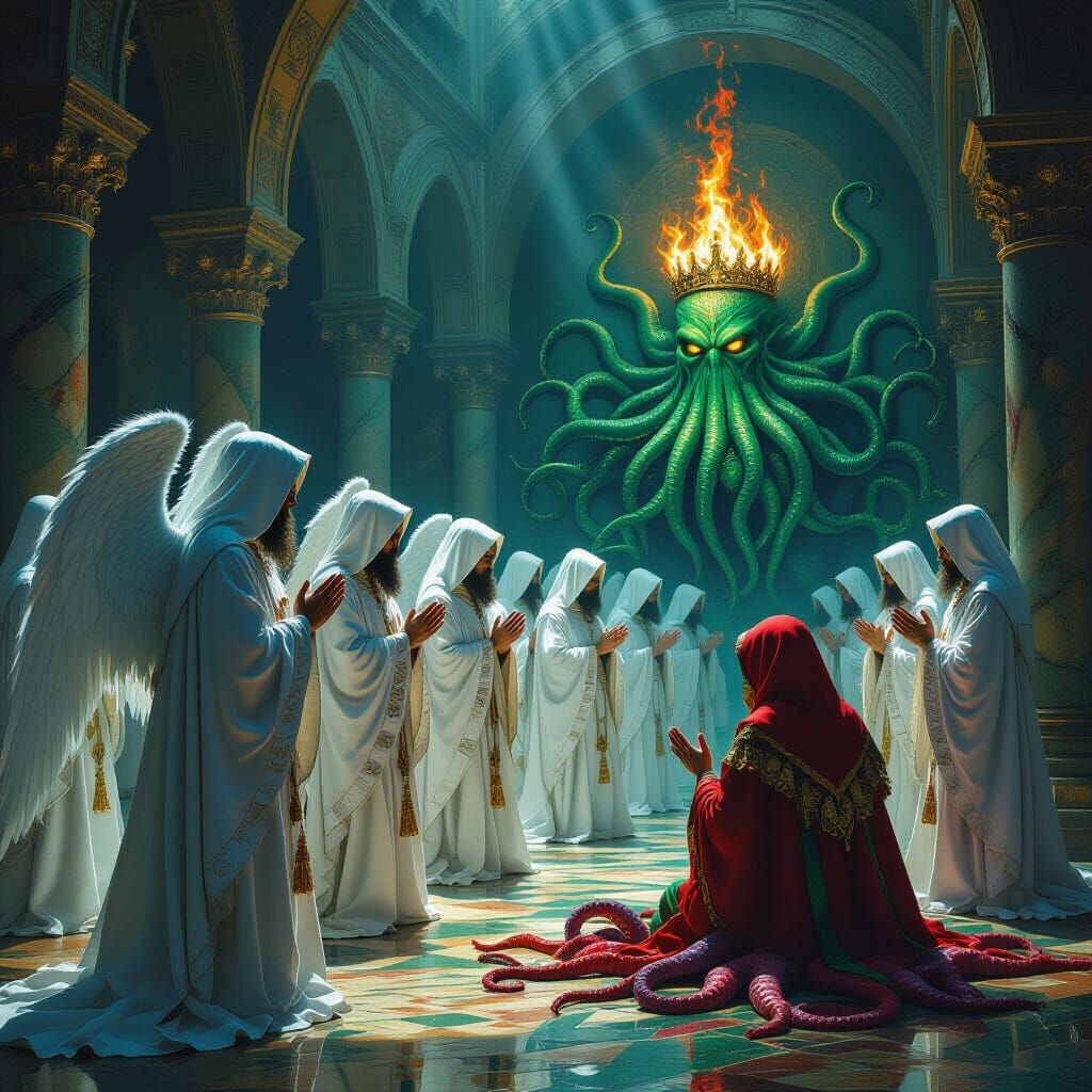 Cthulhu Angel Priests Pray in Mystical Temple