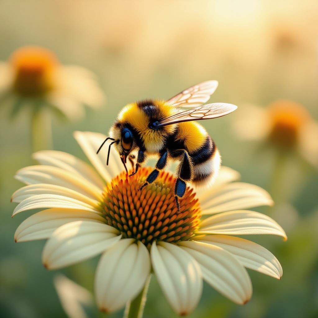 Nervous Bumblebee on Flower Petal in Warm Sunlight