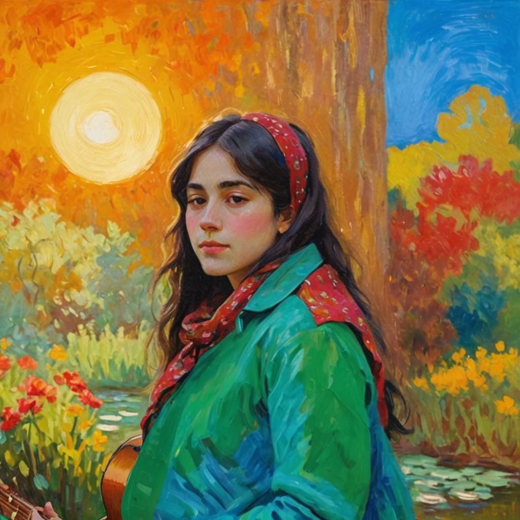Impressionistic Painting of Woman Playing Guitar