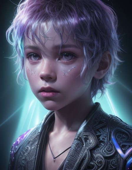 Surreal Boy with Glowing Veins in Dystopian Close-Up