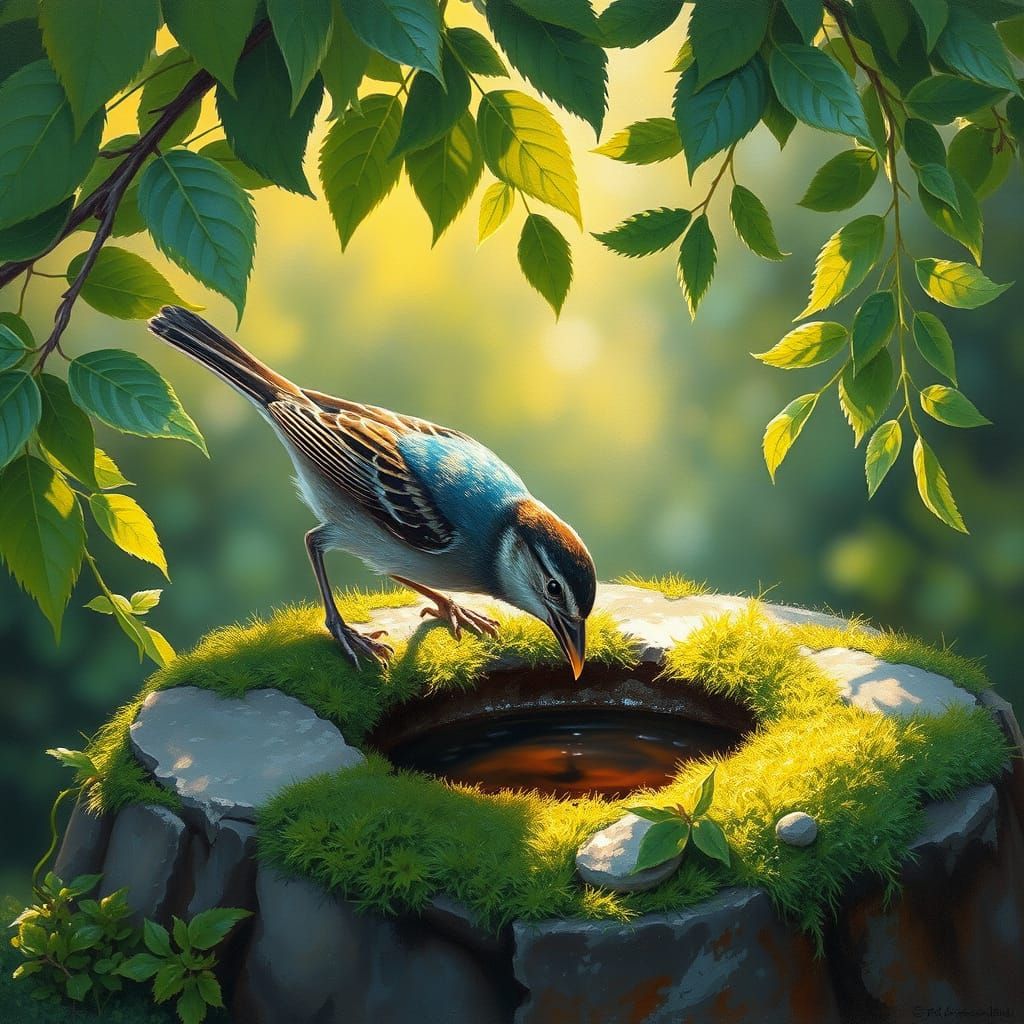 Sparrow Drinks from Moss-Covered Stone in Impressionist Oil ...