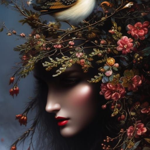 Baby Waxwing in Rococo Forest, 3D Digital Art