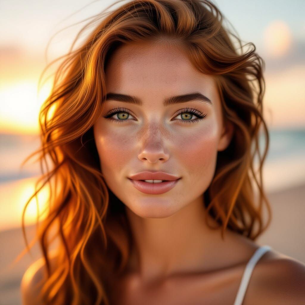 Redhead with Freckles: Golden Sunset Portrait