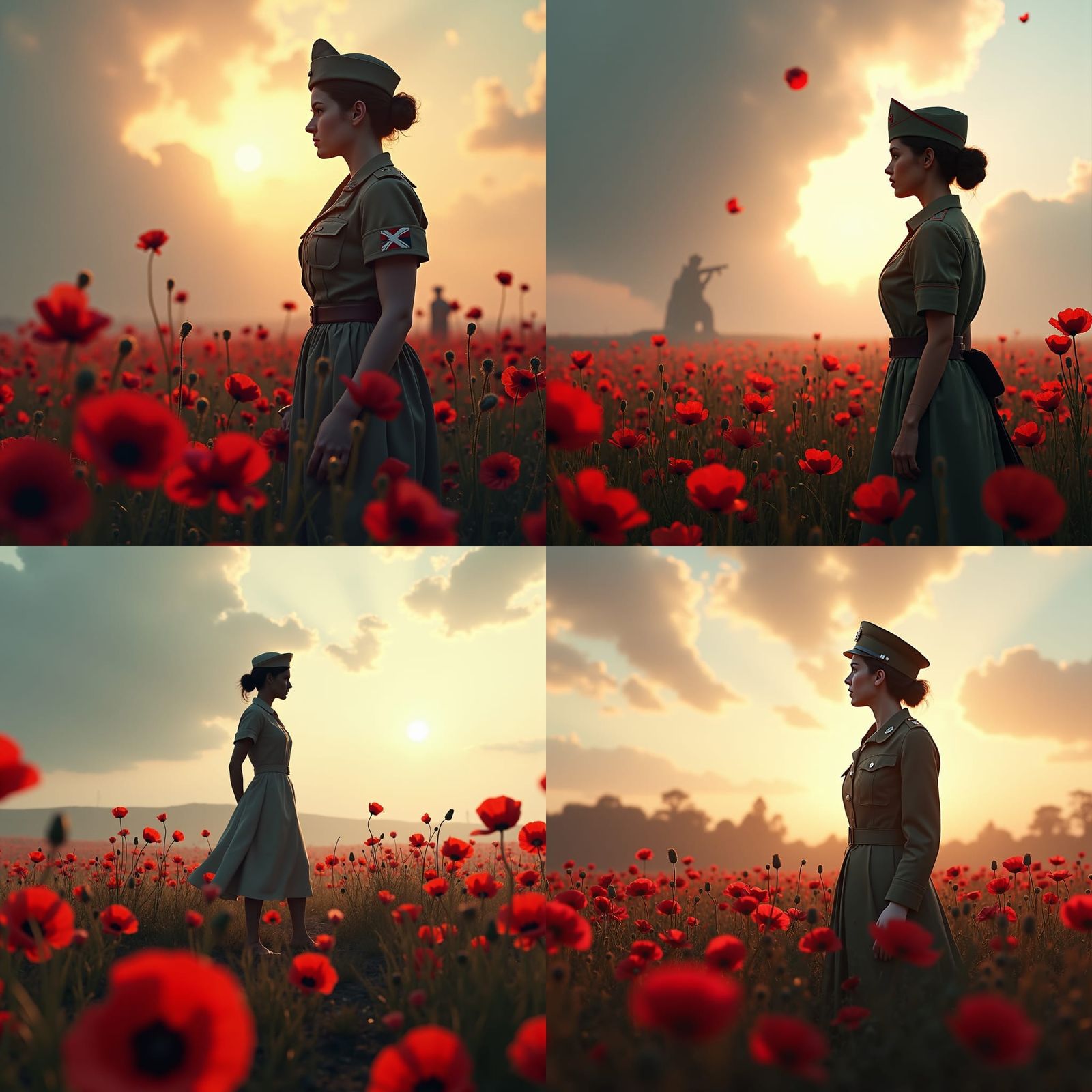 british Army Nurse silhouette on a ww2 battlefield poppies growing in the foreground