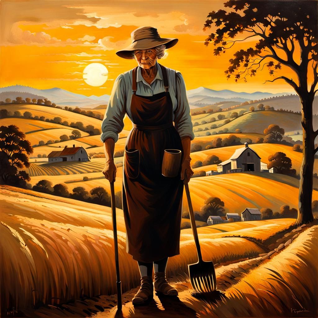 Elderly Farm Girl Silhouette Painting