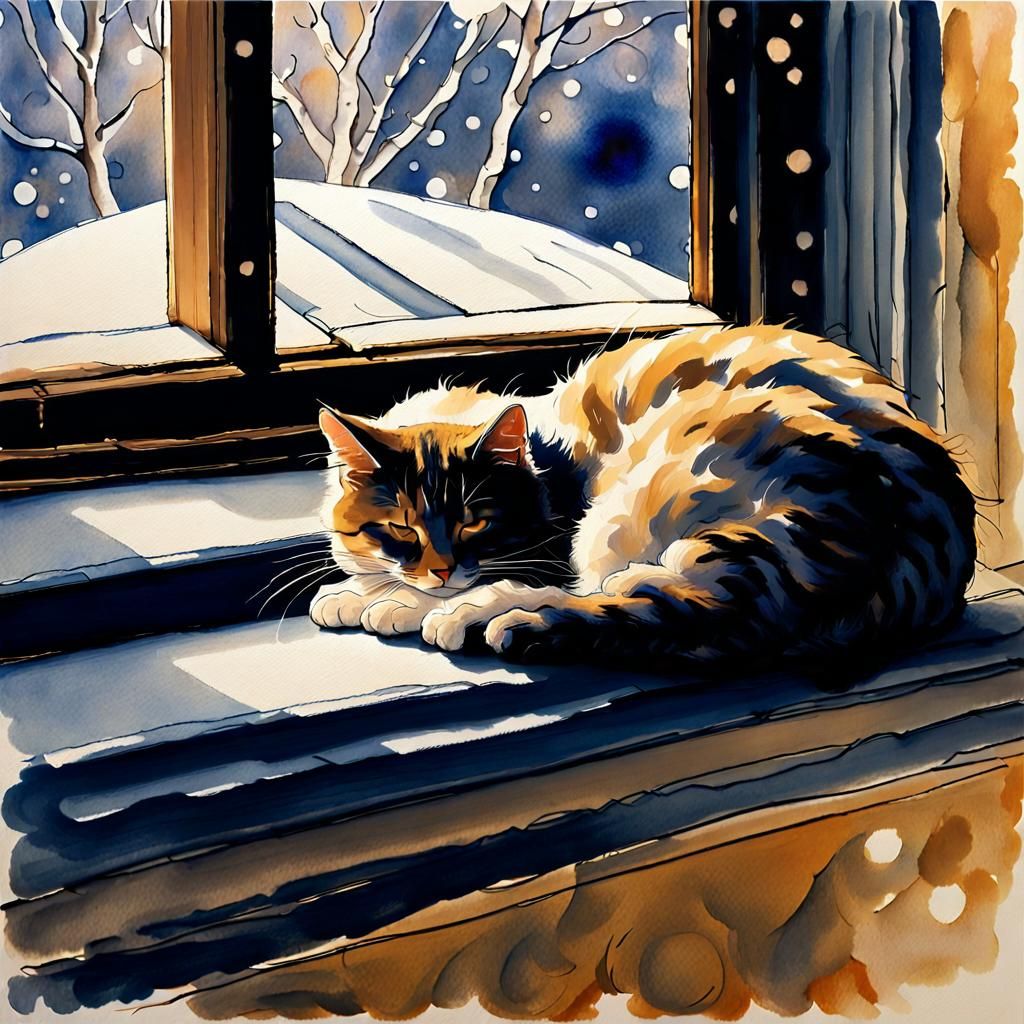 Cat in Window: Impressionistic Winter Scene