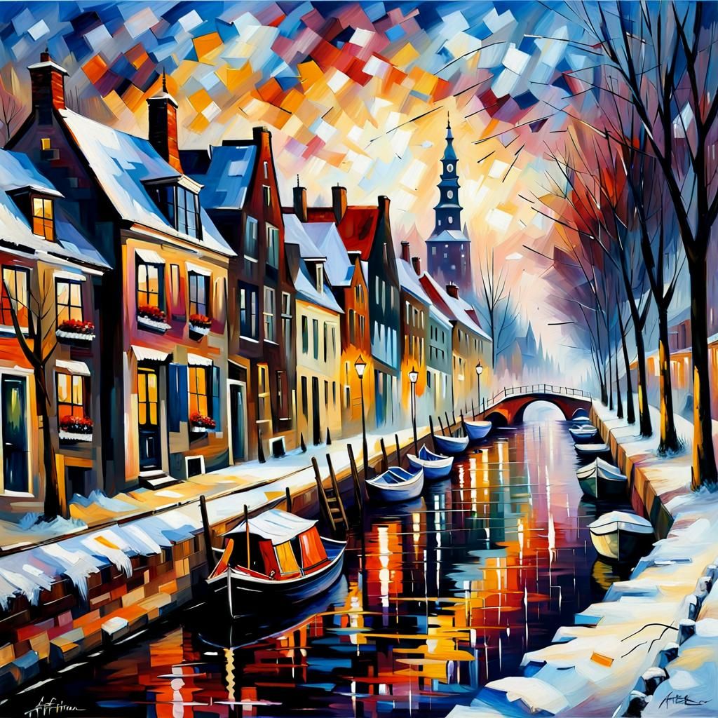 Winter Canal Village in Afremov Style