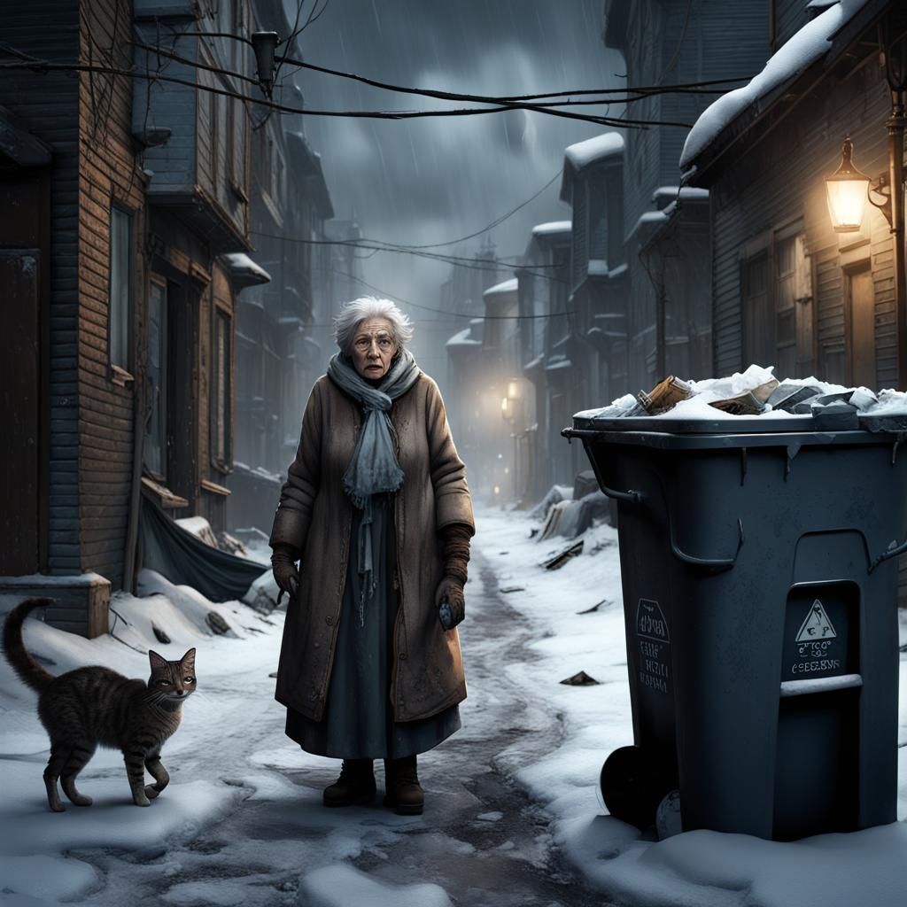 Terrified Old Woman in Dystopian Steampunk Alley