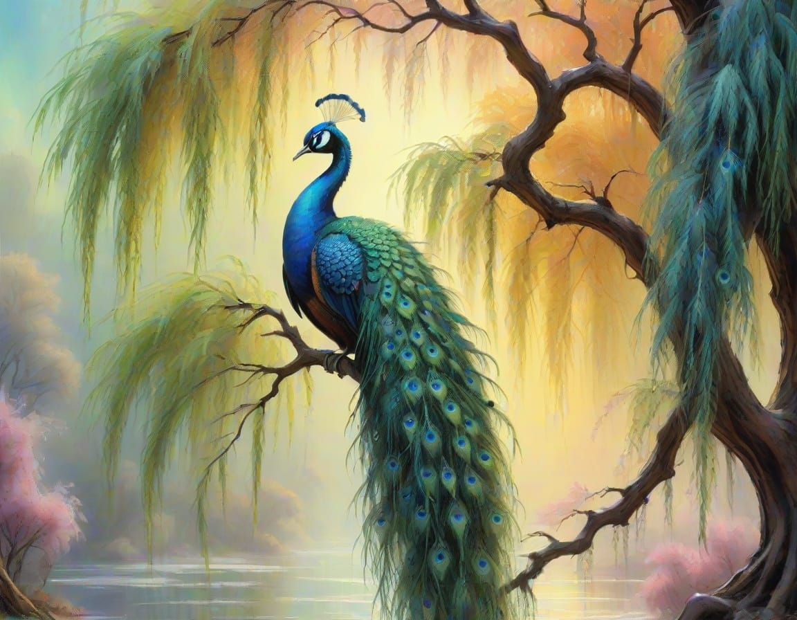 Surreal Landscape with Weeping Willow Peacock Tree in Vibran...