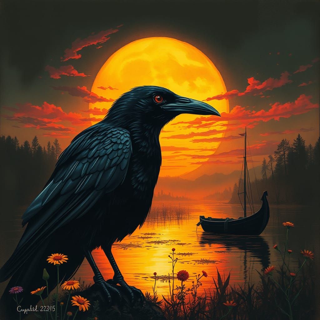 Bioluminescent Raven at Sunset, Color Print Art