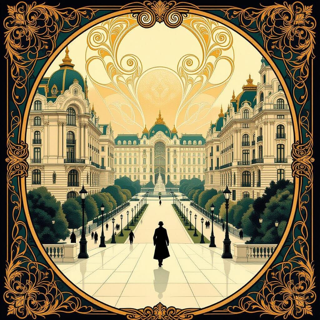 Art Nouveau Cityscape with Lone Wanderer in Ethereal Light