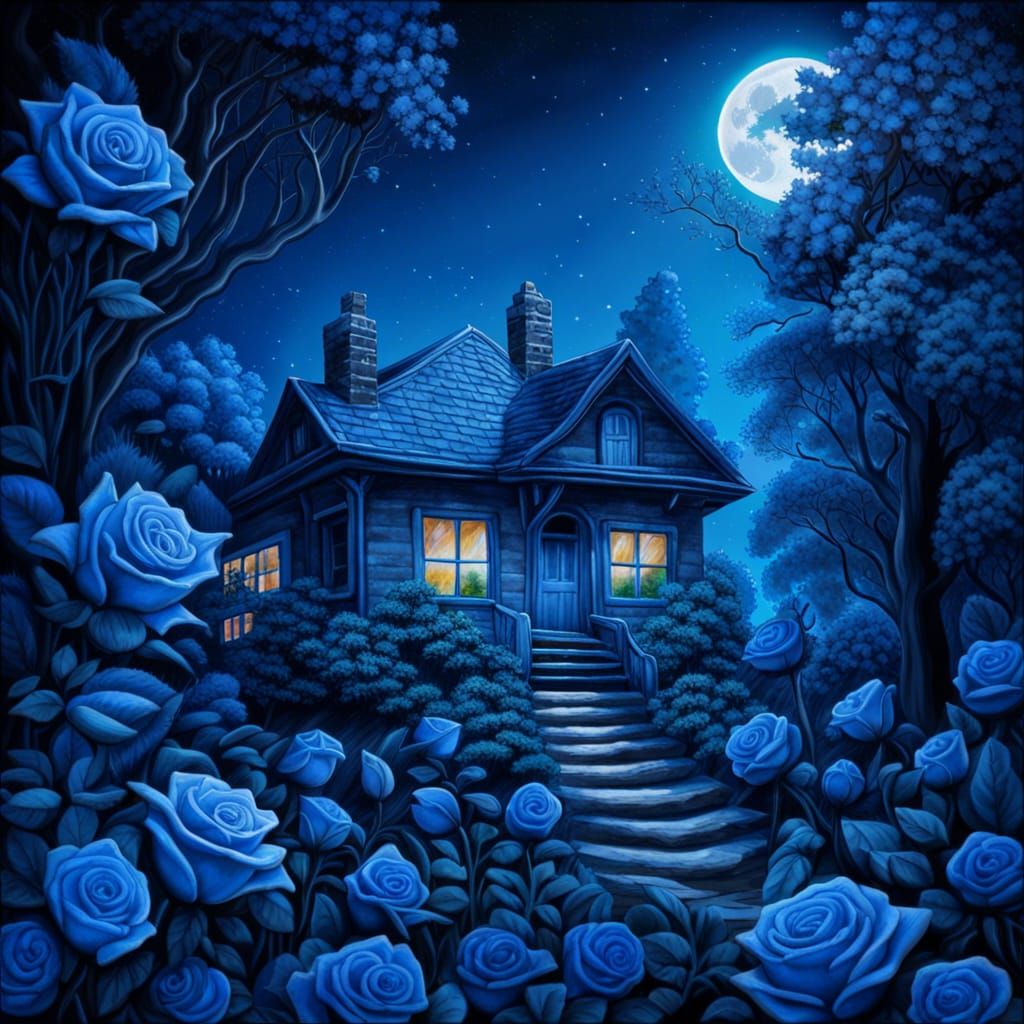 Blue House in Blue Forest at Night