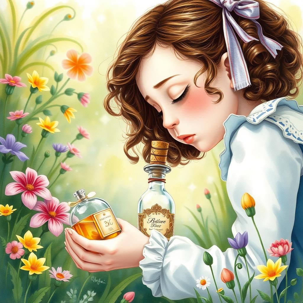 Girl Sucking Air From Bottle: Watercolor Fantasy Art