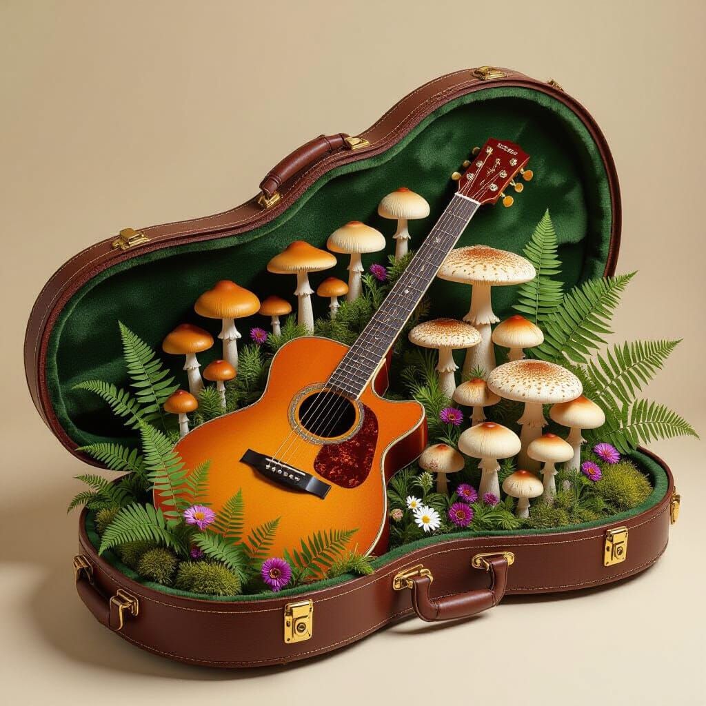 Guitar Case Filled with Mushrooms and Wildflowers