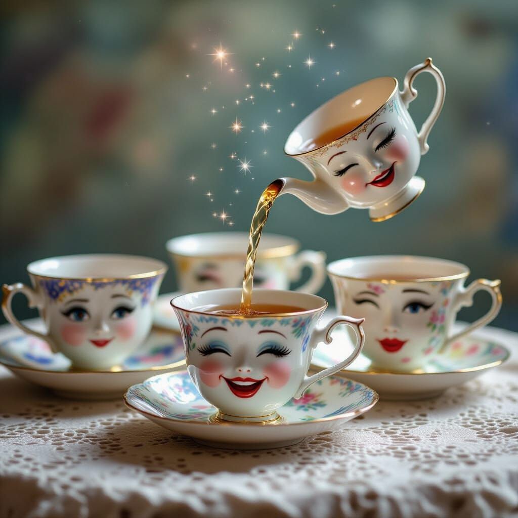 Antique Teacups with Facial Expressions on Lace Tablecloth