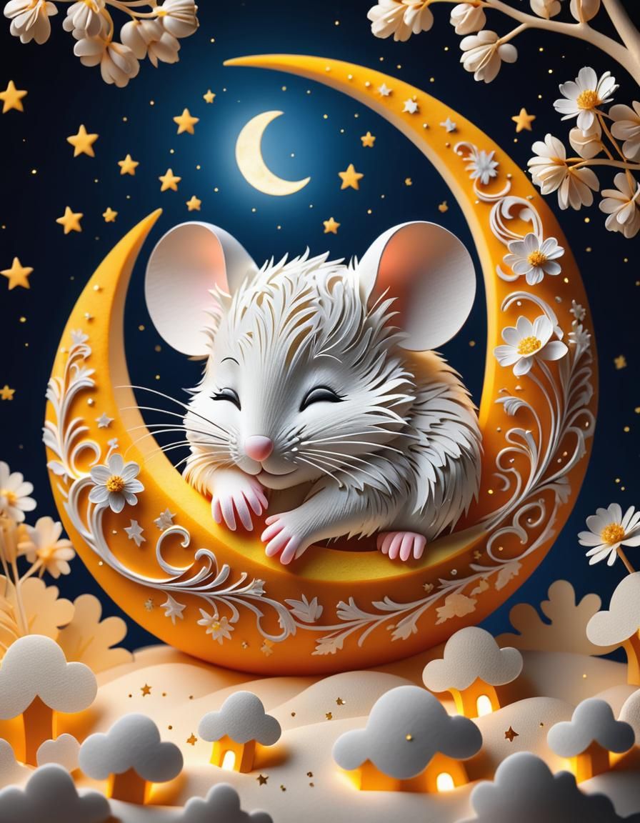 Kirigami style: Cute adorable mouse sleeping