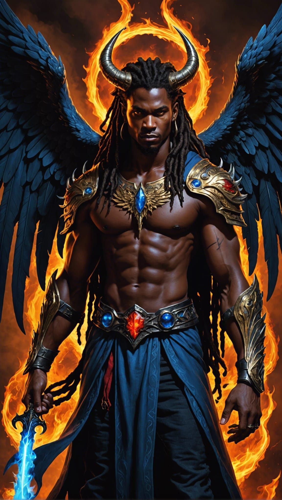 Sinister Angelic Demon in Flames, Detailed Illustration