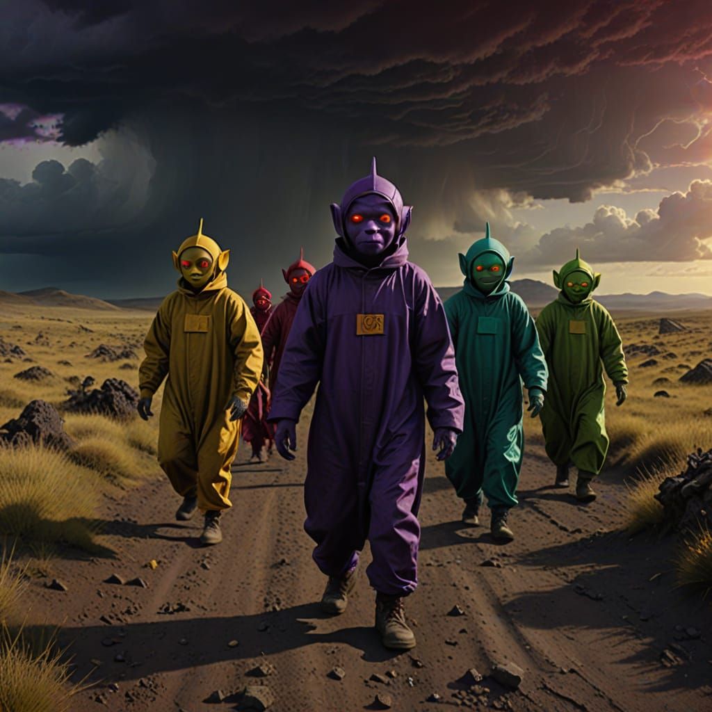Teletubbie Zombies in a Desolate Landscape