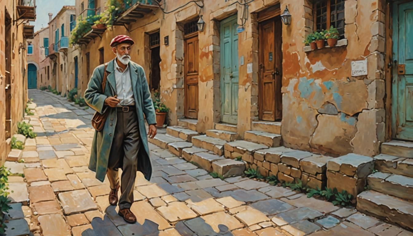 Impressionist Pickpocket in Greek Alley at Golden Hour