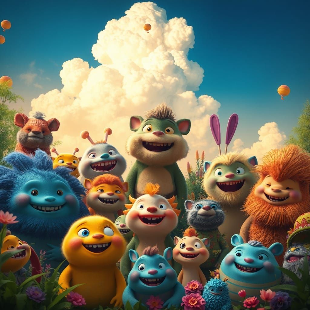 Smiling Critters in a Dreamlike Storybook World