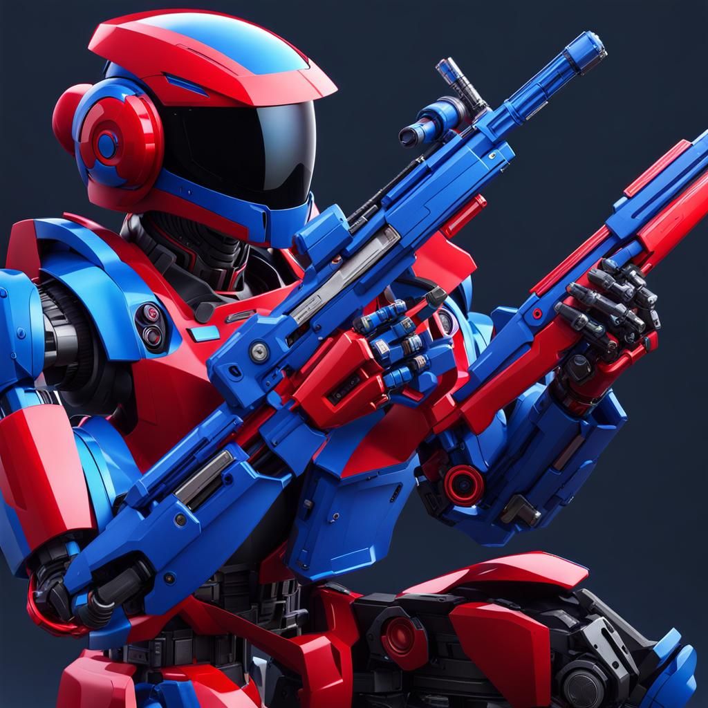 Blue and Red Robot Knight with Gun