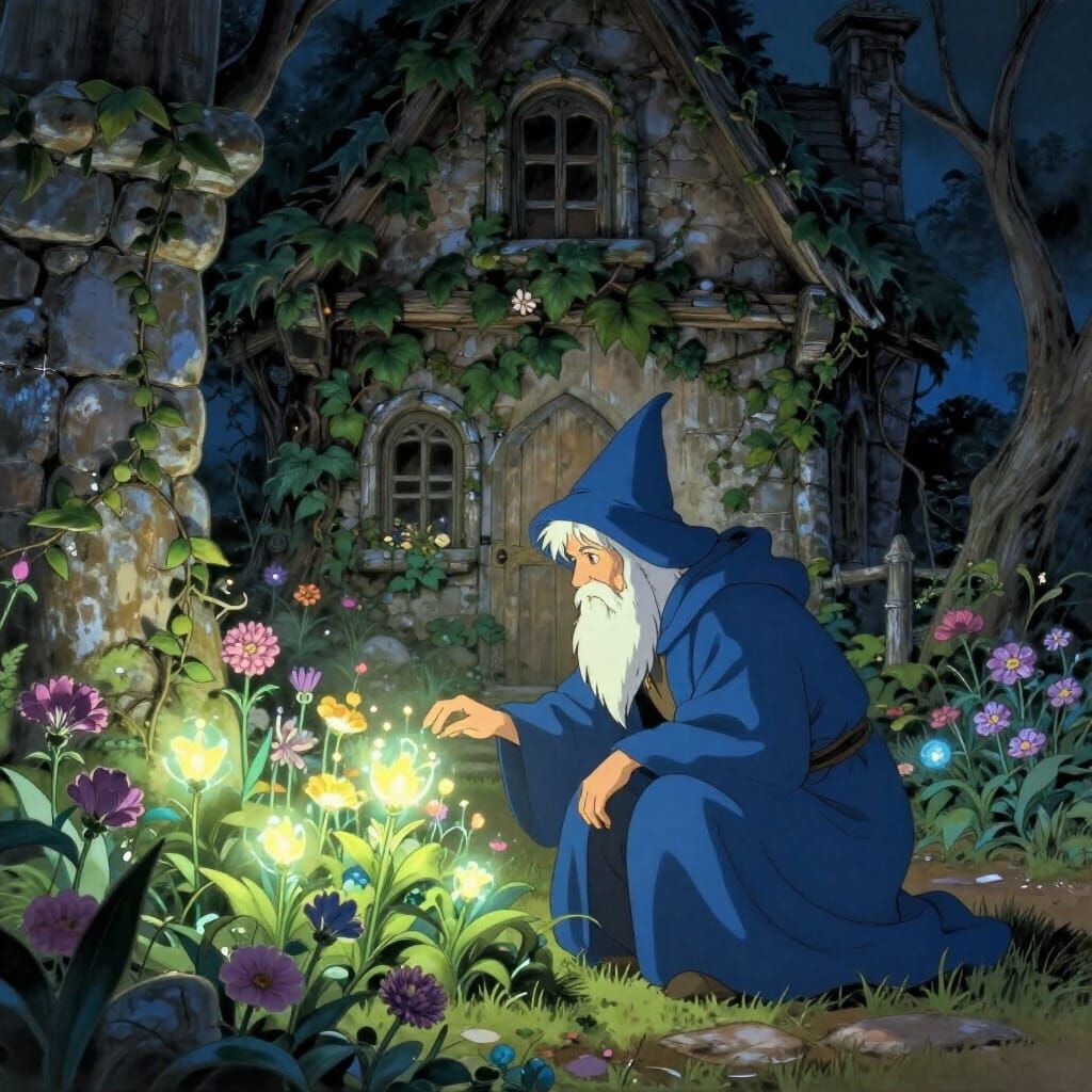 Wizard Tends Mystical Garden by Ancient Cottage