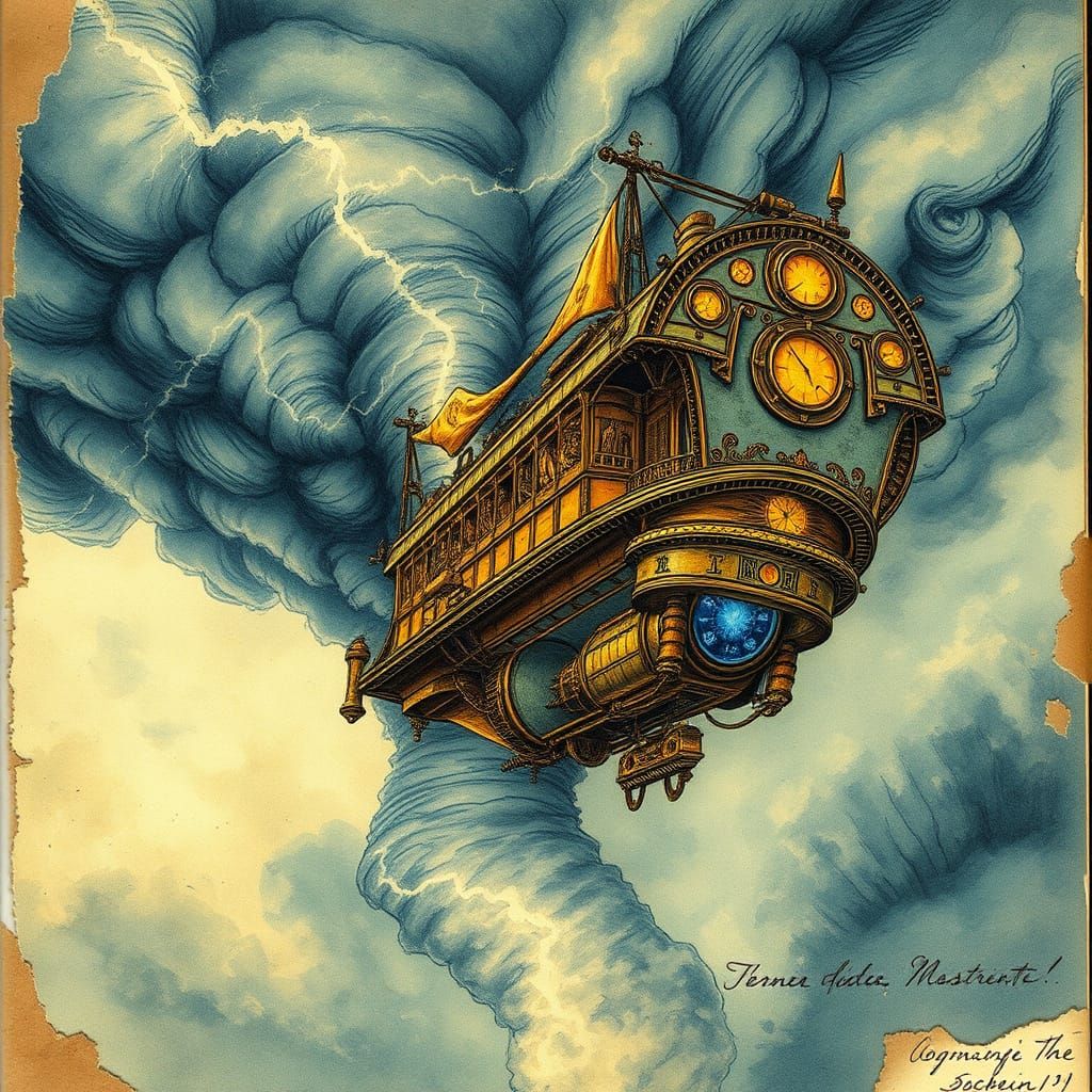 Steampunk Airship in Stormy Sky Illustration