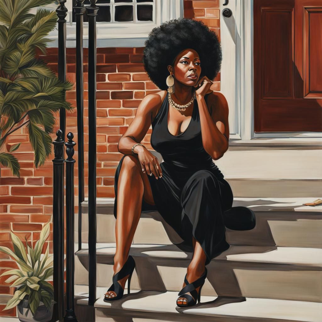 Woman on Stoop in Watercolor Style