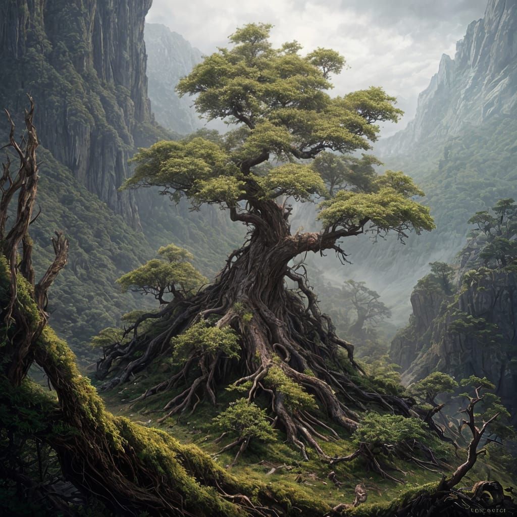 Fantasy Bramble Tree in Hyperdetailed Mountain Setting