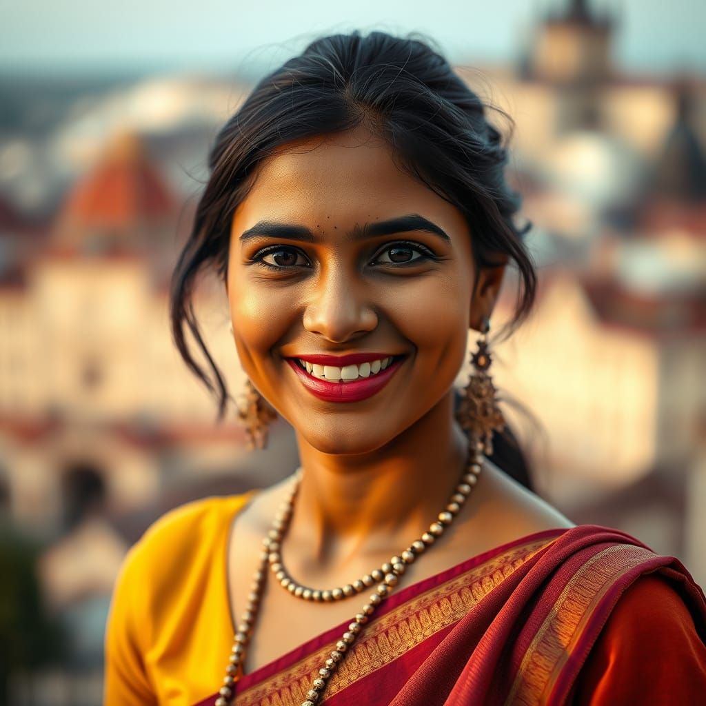 Indian Woman with Warm Smile in Prague Cityscape