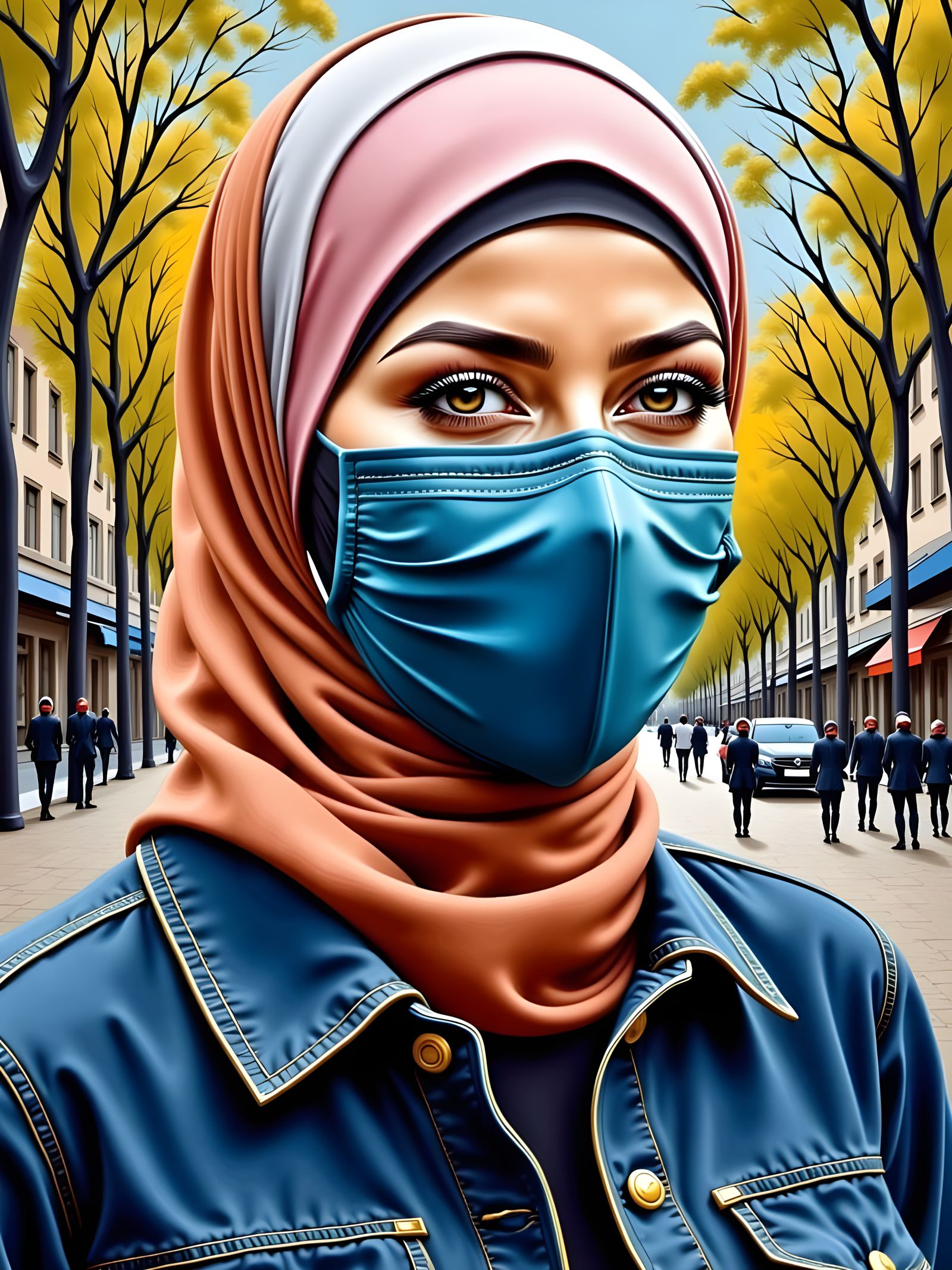 European Student in Hijab Portrait, Oil Gouache Style