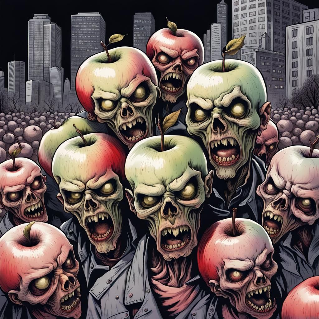 Terrifying Zombie Apples in Dystopian City: Ink Drawing