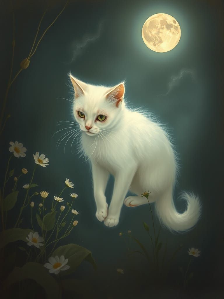 Ghostly Cat in Moonlit Garden, Pre-Raphaelite Style